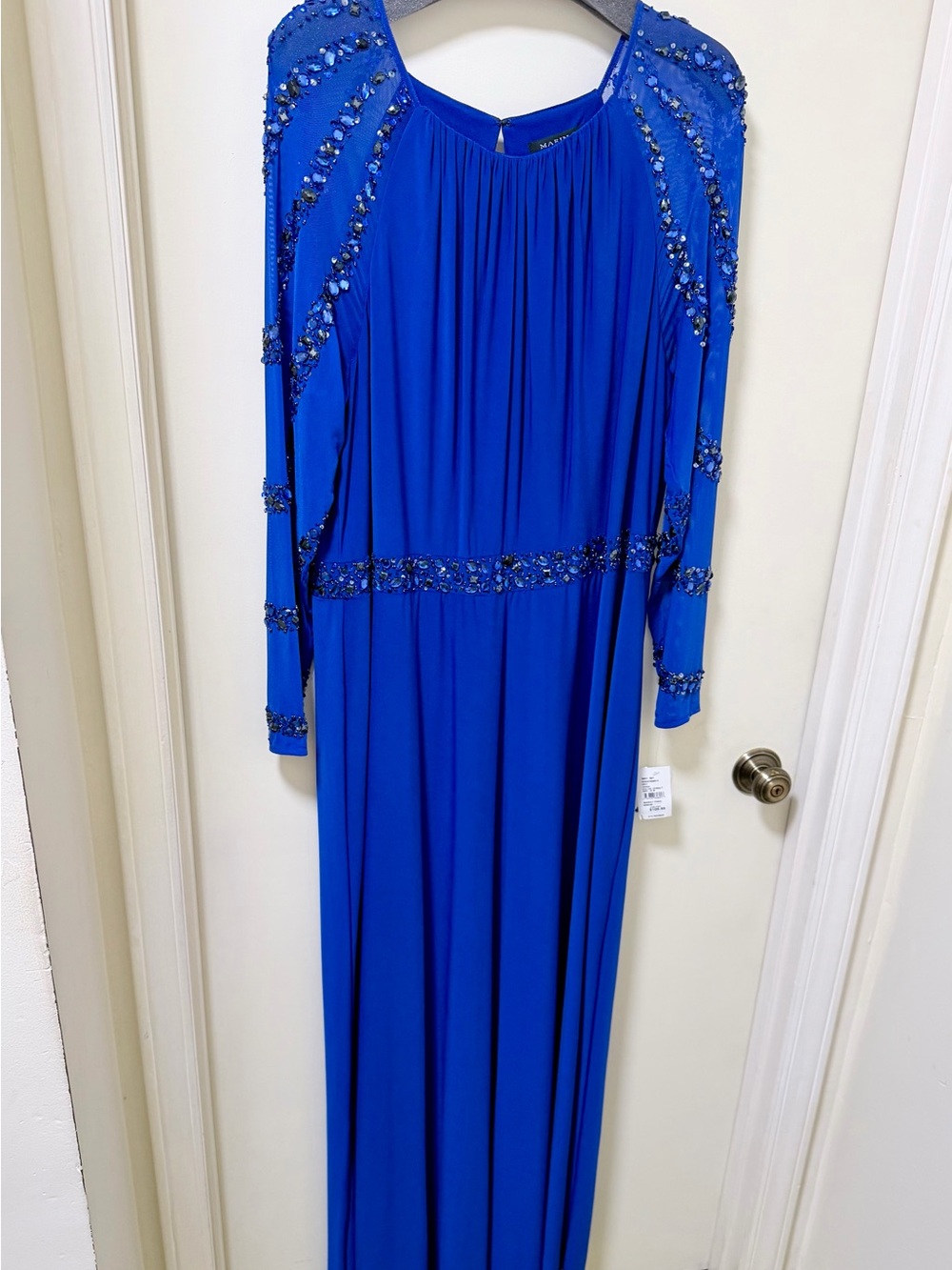 MARINA Beaded Cobalt Blue Evening Dress with Long Sleeves
